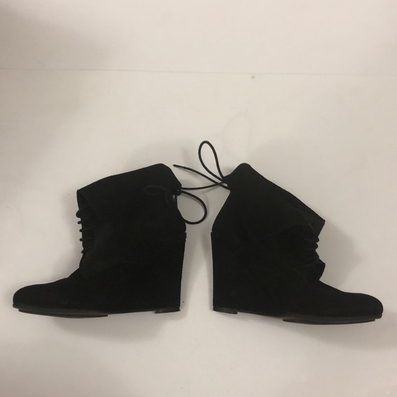 Zara 38 Black Suede Bootie Wedge Heel Wear it 2 ways wrap around laces Excellent - Picture 7 of 13